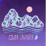 Gower Lavender company logo with a pale blue mountain with lavender leaf motifs over a stylized sea under a peach moon on a purple background