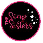 The Soap Sisters company logo written in pink on black circular background with white bubbles rising
