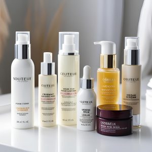 A display of various generic cosmetic products on a whiteshelf with a blurred background