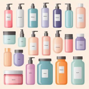 Multicoloured cosmetic jars and bottles