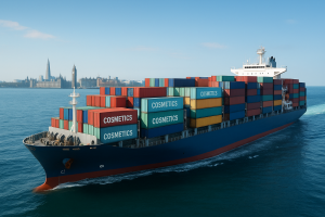 Large shipping container with coloured containers, some with the word COSMETICS stamped in the side