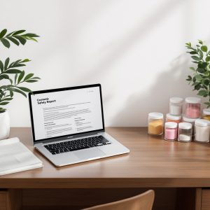 AI-gen image of a laptop on an office desk with some coloured powders in clear glass jars with white lids