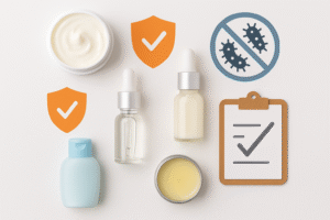 Flat display of cosmetic bottles with checklist and cartoon microbes